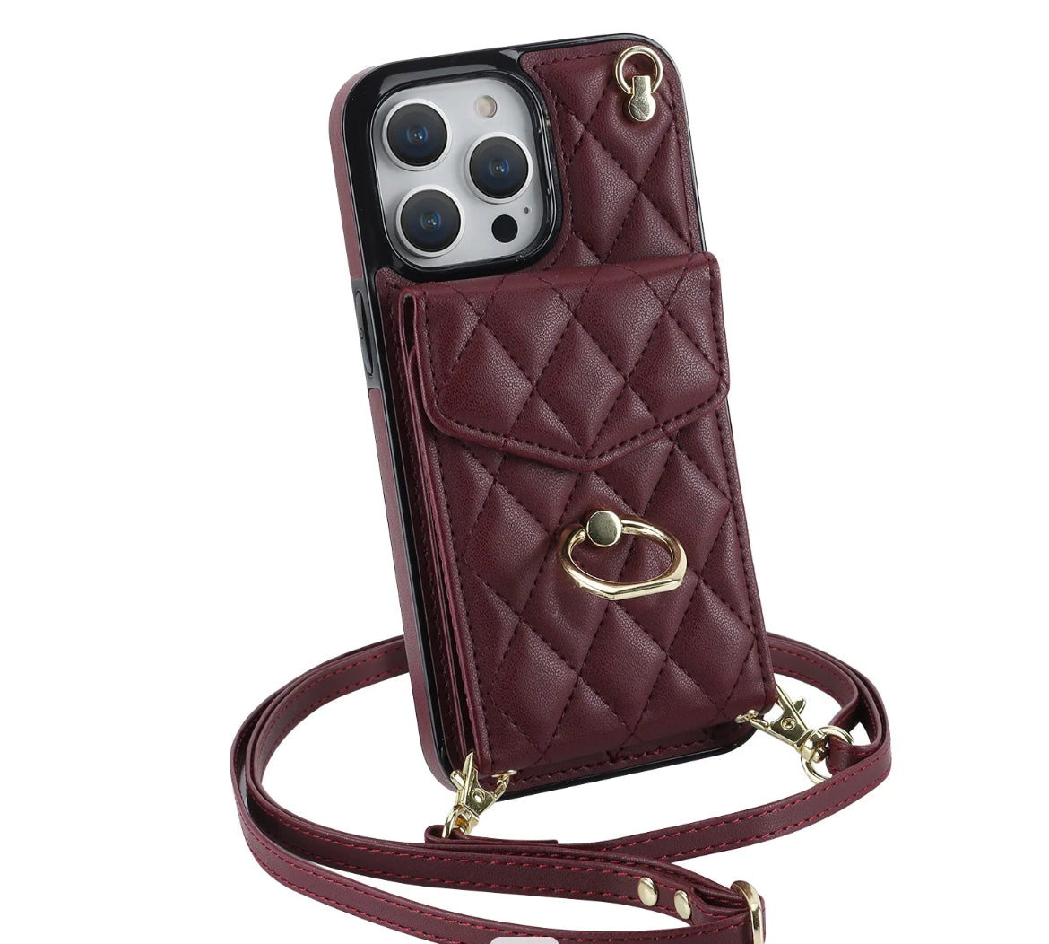iPhone 14 - Skal med Korthållare och läderrem - Vinröd