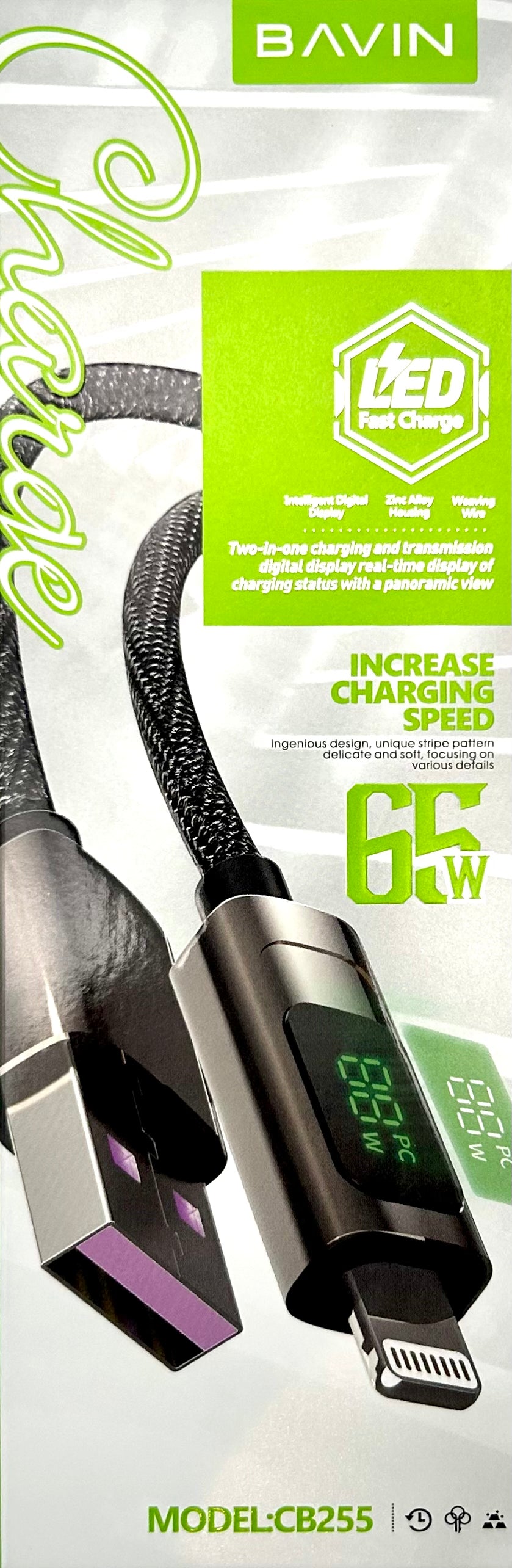 Bavin 65W USB-A till Lightning Kabel med Display, 1m - Svart