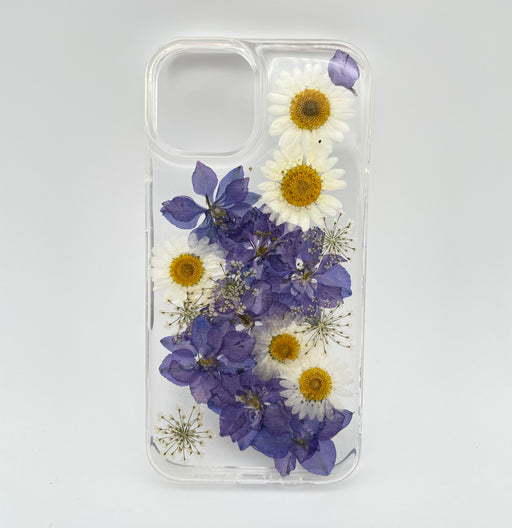 iPhone 14 Skal: Handpressade Blommor, Transparent, Trådlös Laddning, Stöttåligt