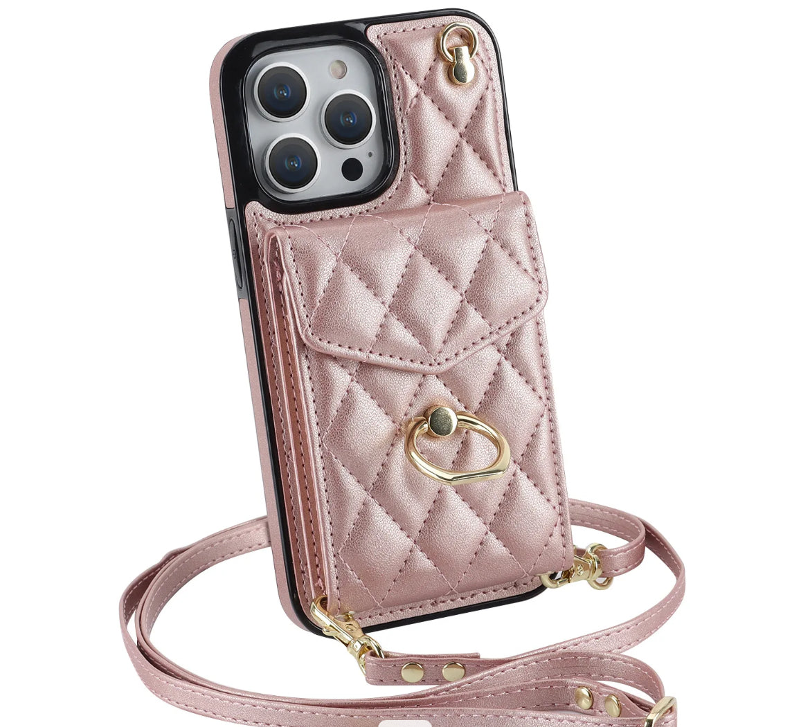 iPhone 14 Pro - Skal med Korthållare och läderrem - Rosa