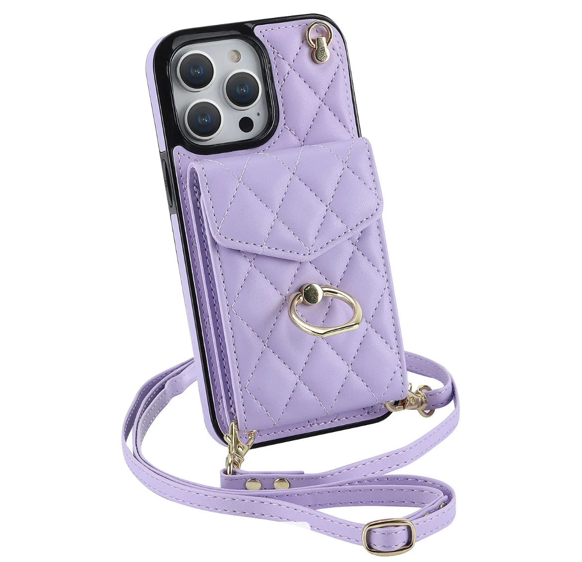 iPhone 14 - Skal med Korthållare och läderrem - Ljuslila