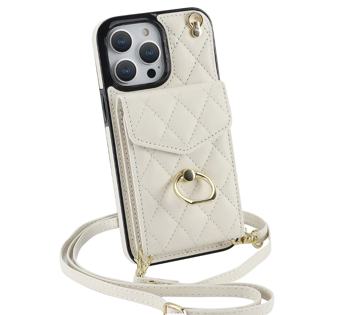 iPhone 14 Pro - Skal med Korthållare och läderrem - Vit