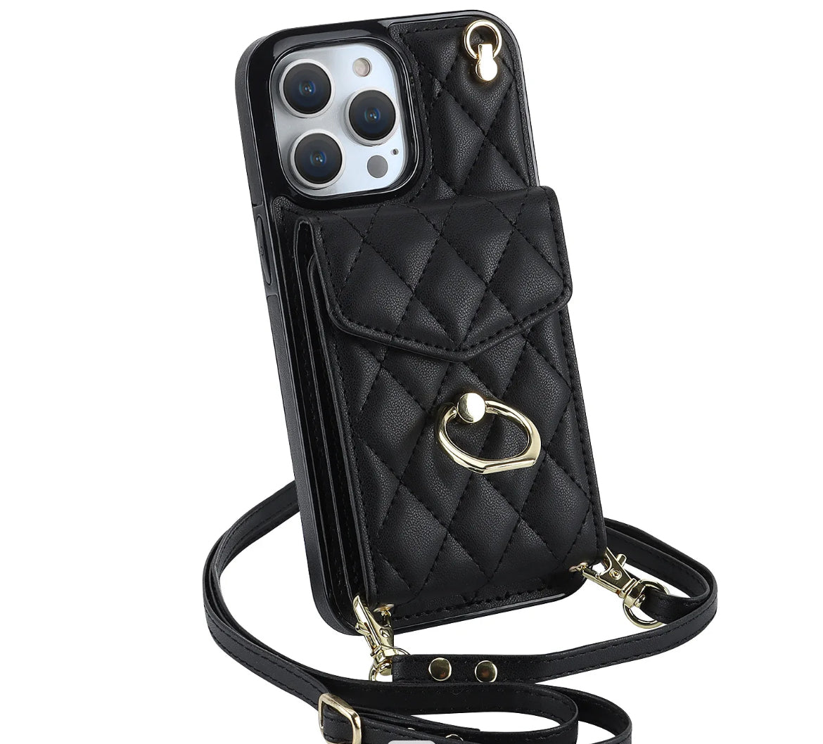 iPhone 14 Pro - Skal med Korthållare och läderrem - Svart