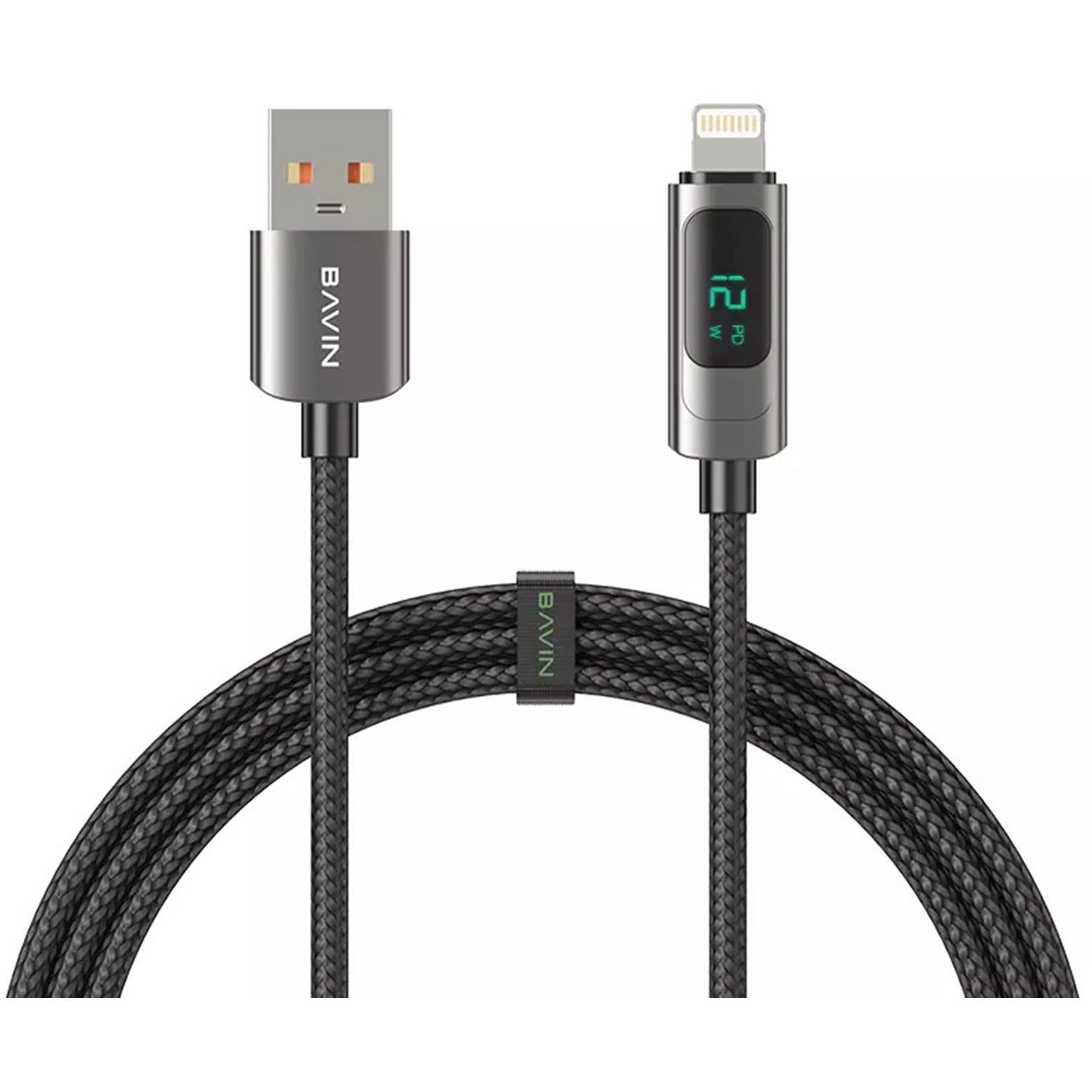 Bavin 65W USB-A till Lightning Kabel med Display, 1m - Svart