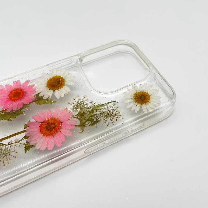 iPhone 15 Pro Skal: Handpressade Blommor, Transparent, Trådlös Laddning, Stöttåligt