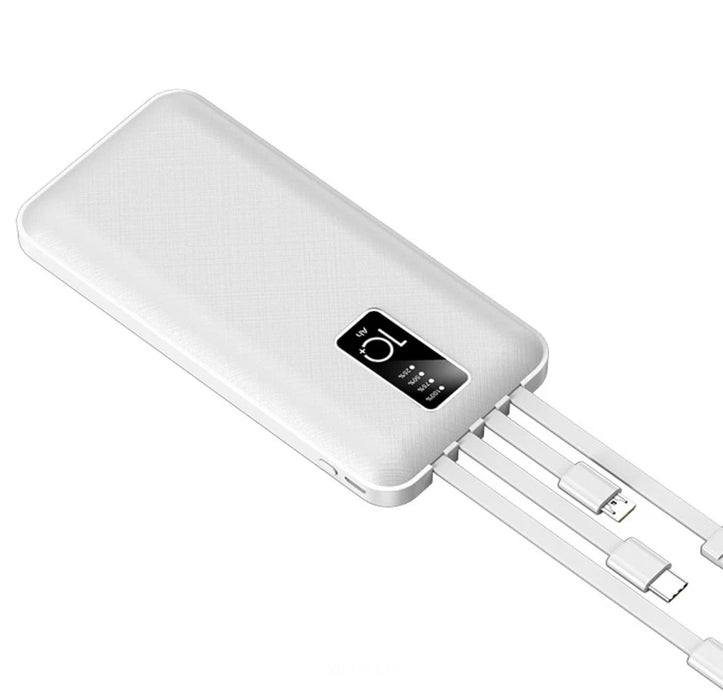 Powerbank med USB-C + Lightning + Micro-USB + USB-A kablar - 10000mAh - Vit