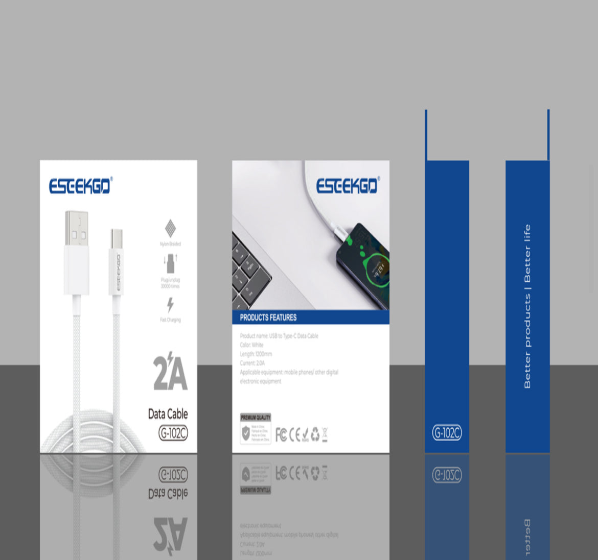 Flätad kabel USB-A till USB-C, 2.0A, 1.2m-Vit