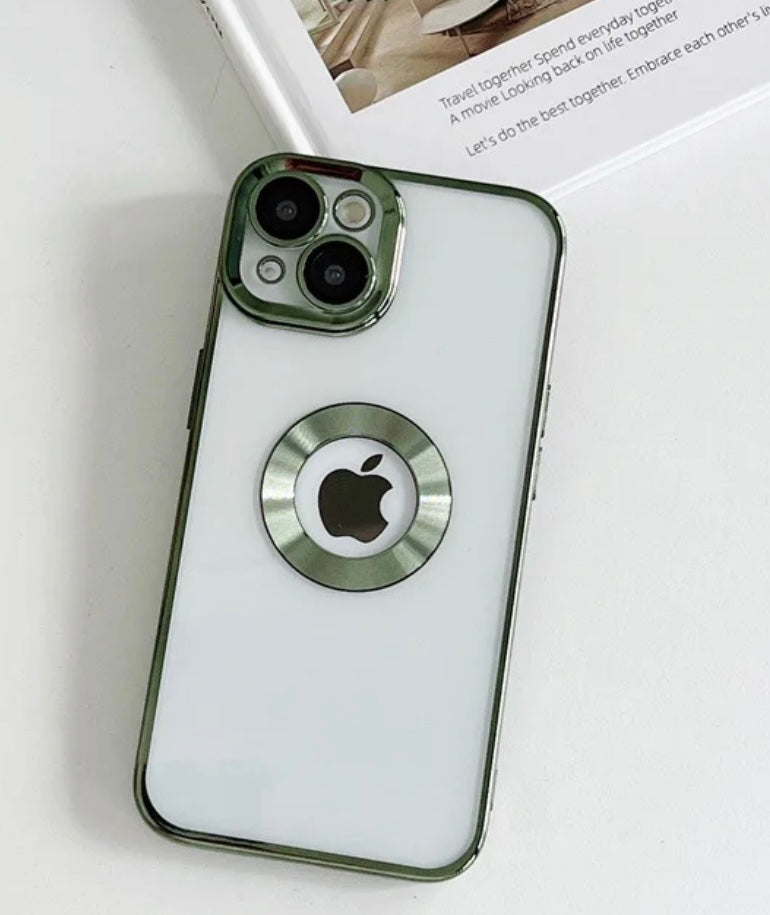 Skyddande iPhone 14 Skal med Kameraskydd: Transparent med Grönt Chrome