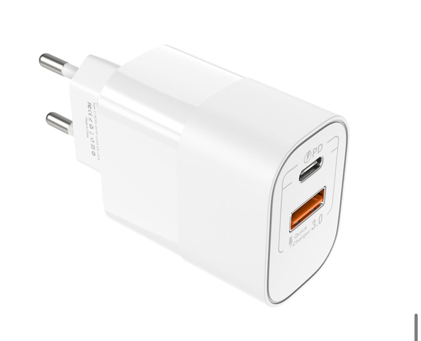 Snabbladdare USB-A,  USB-C, 20W 3.0A, Q.C3.0 - Vit