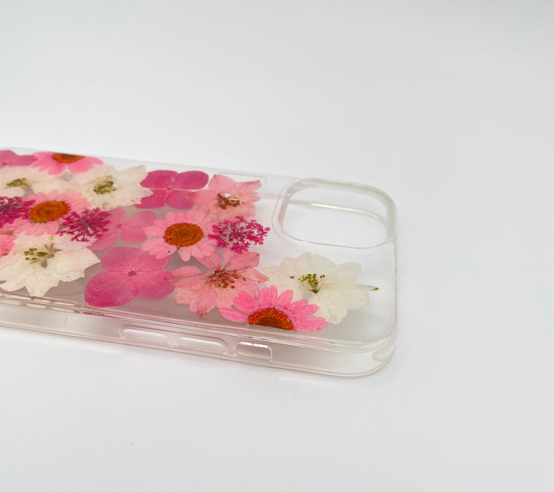 iPhone 13 Skal: Handpressade Blommor, Transparent, Trådlös Laddning, Stöttåligt