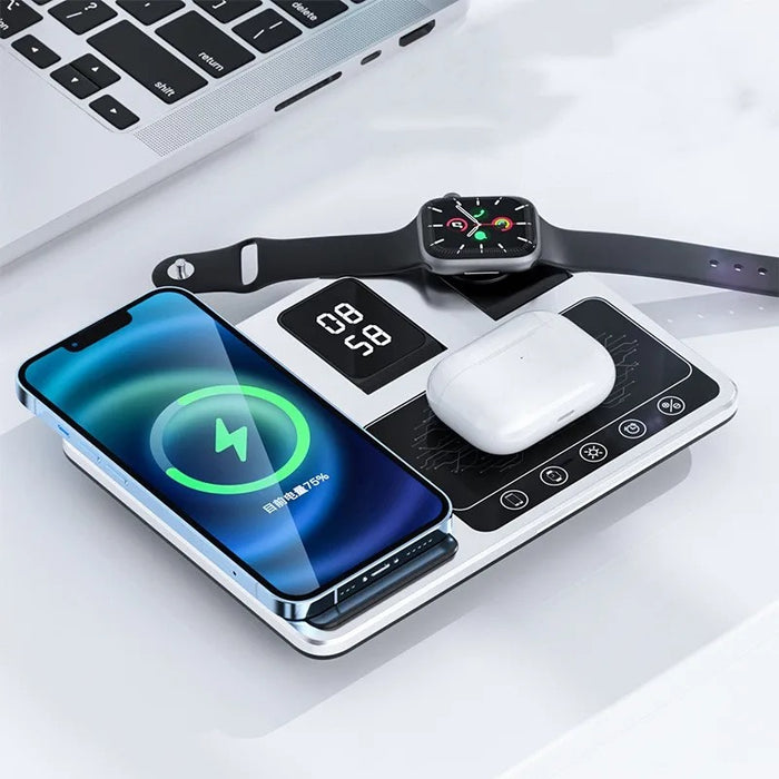 4-in-1 Wireless Charger 15W with clock - Grey/Black