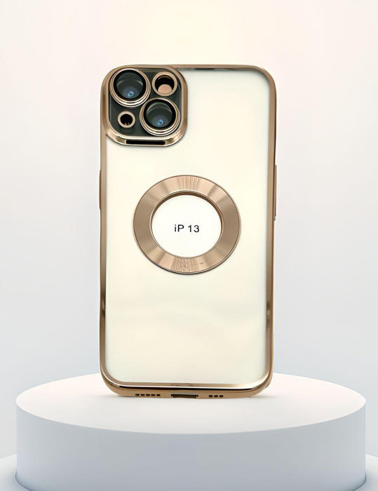Skyddande iPhone 13 Skal med Kameraskydd: Transparent med Guld Chrome Contour