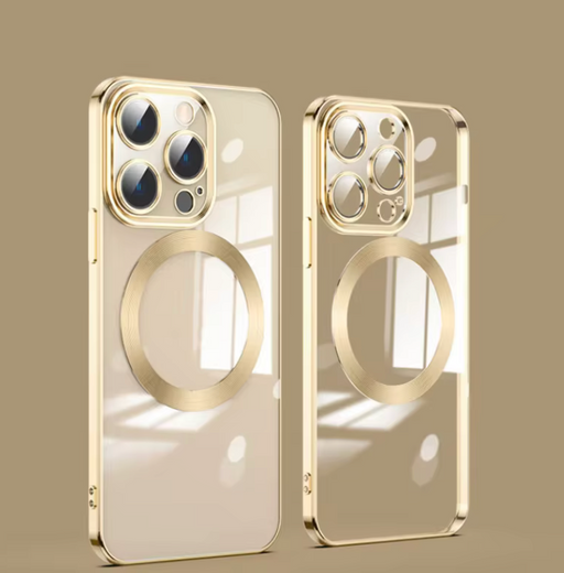 Skyddande iPhone 13 Skal med Kameraskydd: Transparent med Guld Chrome Contour