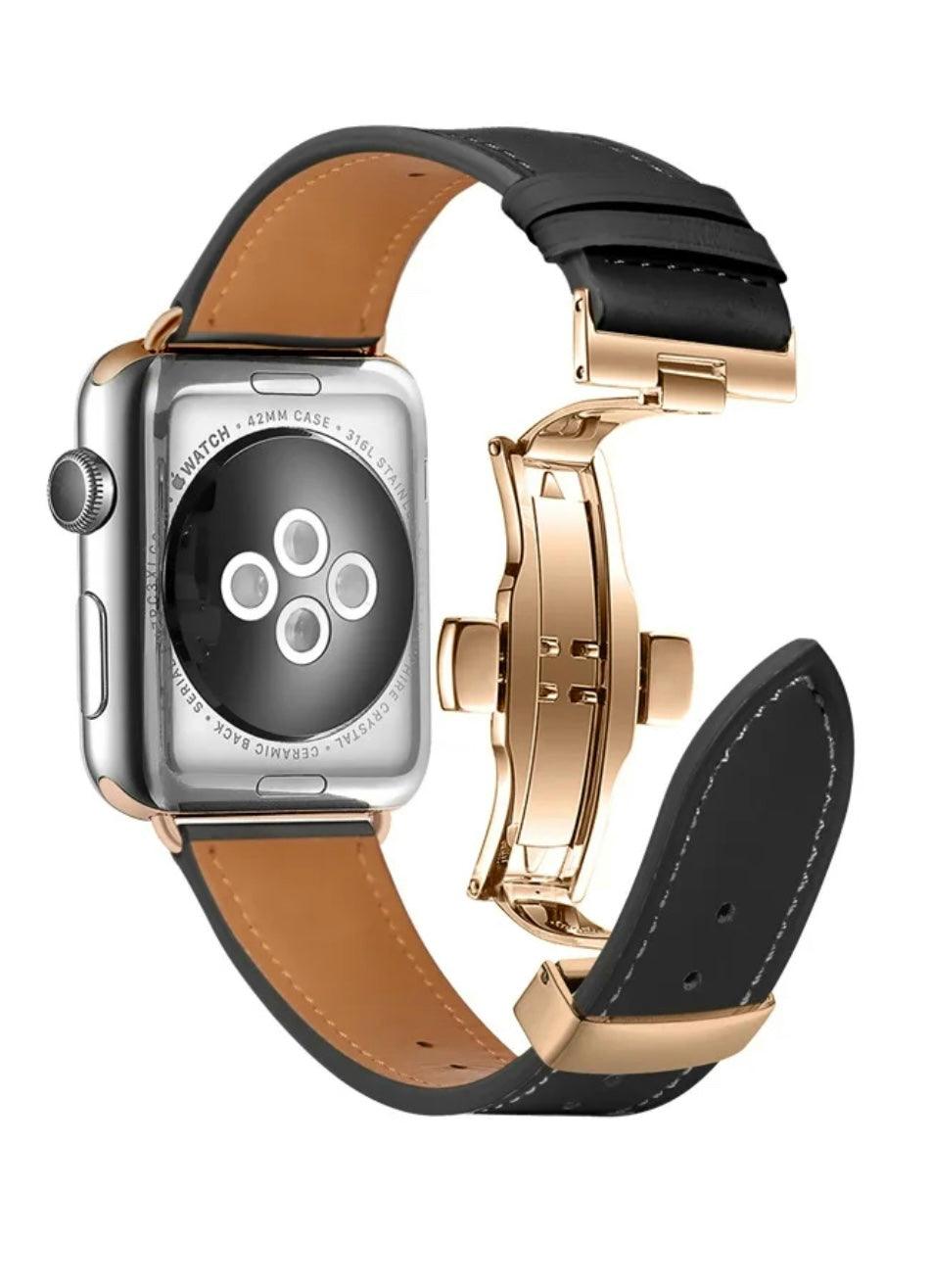 Äkta Läderarmband med Fjärilslås till Apple Watch – Svart - EleganceOfSweden