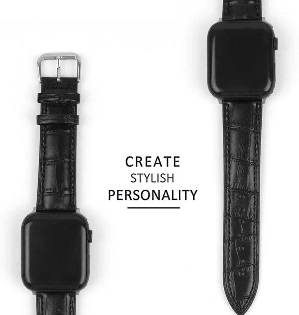 APPLE WATCH ARMBAND/ KLASSISK LÄDERARMBAND MED KROKODILMÖNSTER-SVART - EleganceOfSweden
