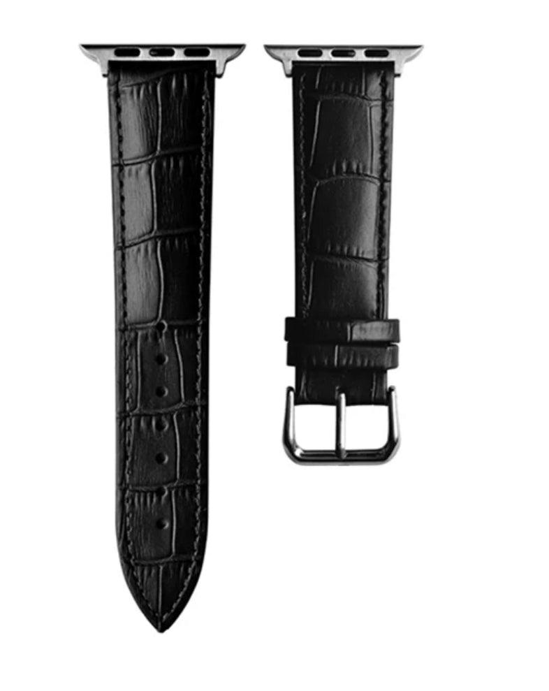 APPLE WATCH ARMBAND/ KLASSISK LÄDERARMBAND MED KROKODILMÖNSTER-SVART - EleganceOfSweden