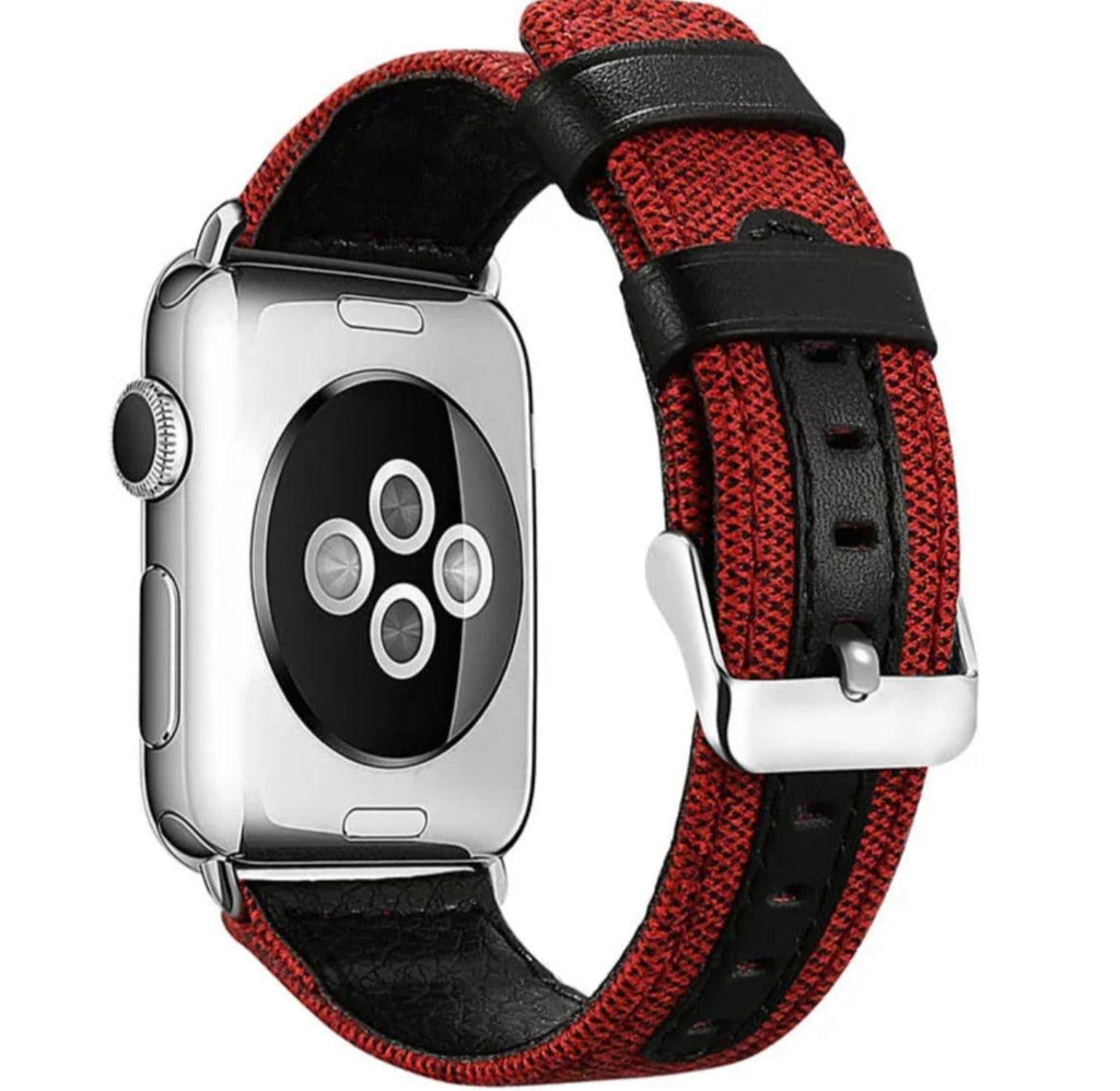 APPLE WATCH LÄDERARMBAND ÄKTA CANVAS RÖD - EleganceOfSweden