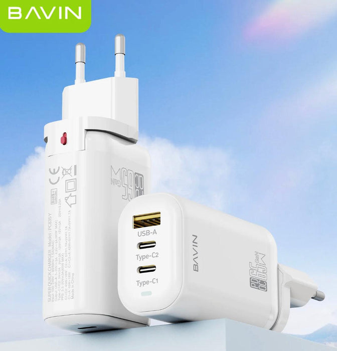Bavin 1x USB-A + 2xUSB-C PD&QC 65W Gan snabbladdare-Vit - EleganceOfSweden