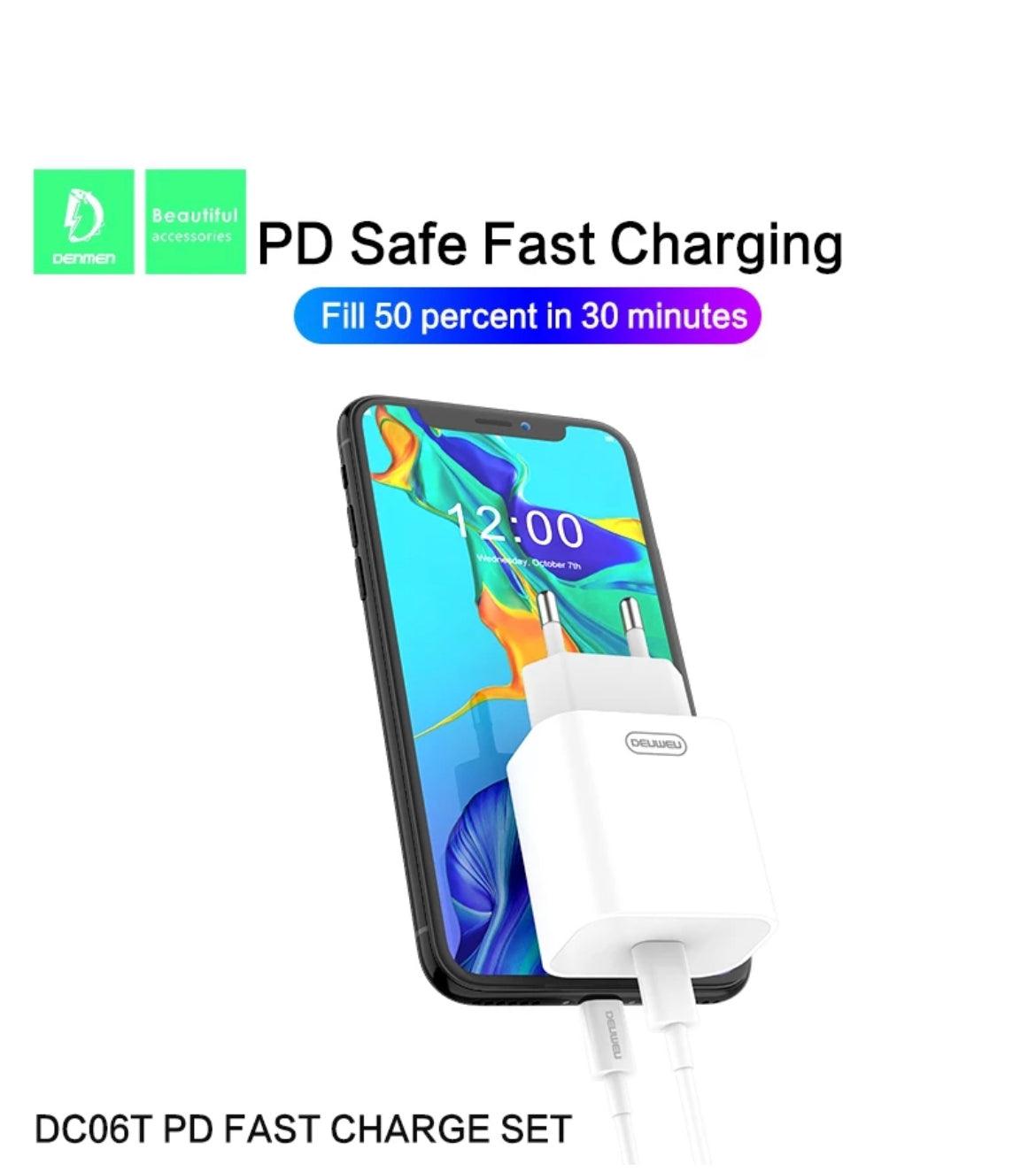 DENMEN Snabbladdare, QC3.0, PD,20W, 1m - Vit - EleganceOfSweden