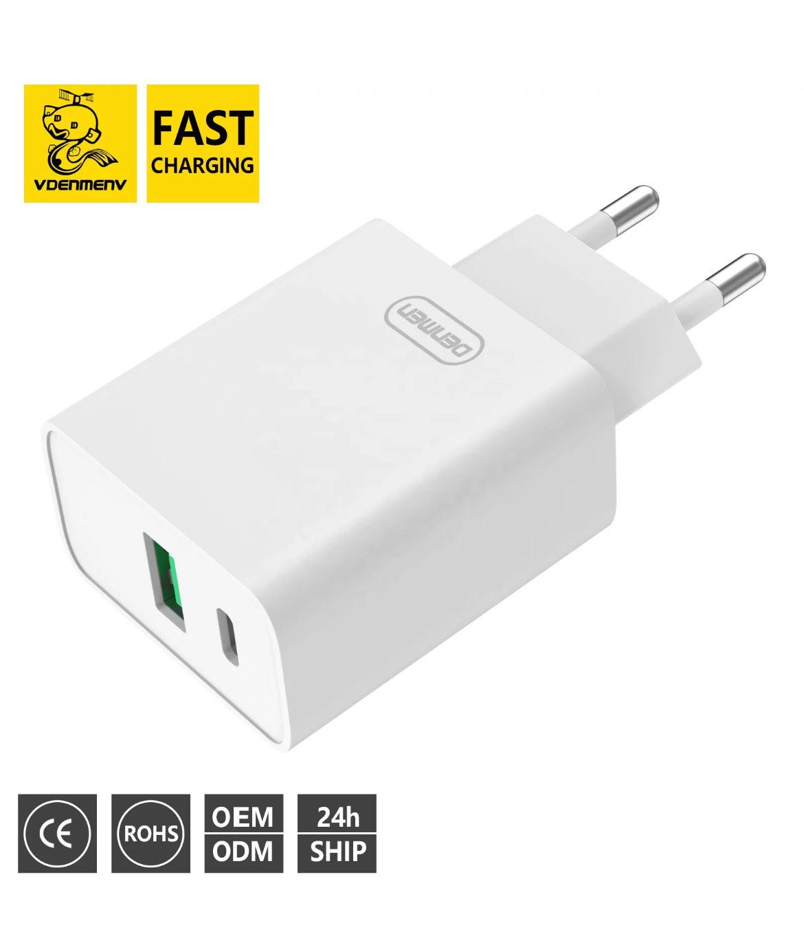 DENMEN Snabbladdare USB & USB-C, Q.C, 20W - Vit - EleganceOfSweden