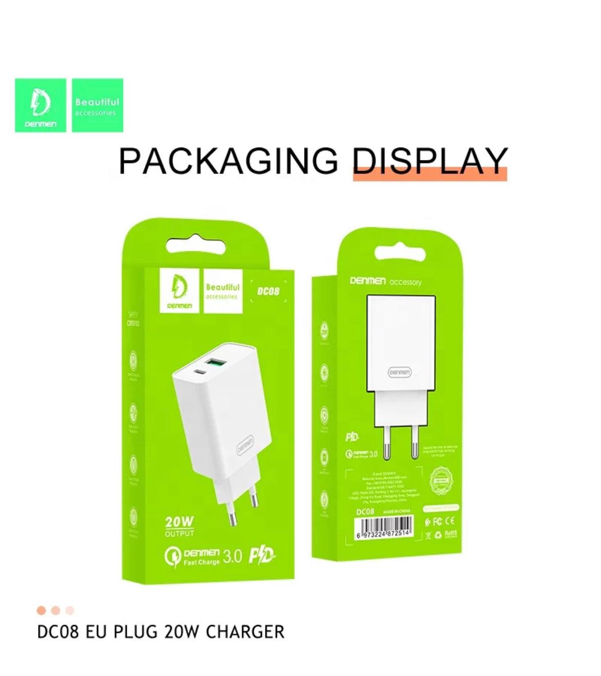 DENMEN Snabbladdare USB & USB-C, Q.C, 20W - Vit - EleganceOfSweden