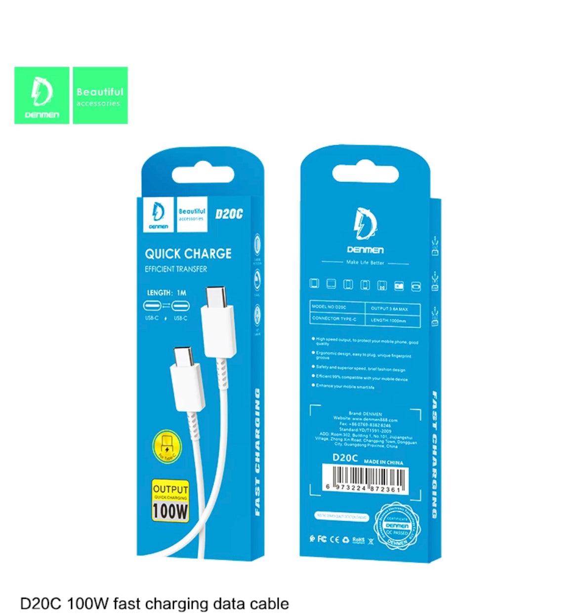 DENMEN USB-C till USB-C 100W, 3.6A, Vit - EleganceOfSweden