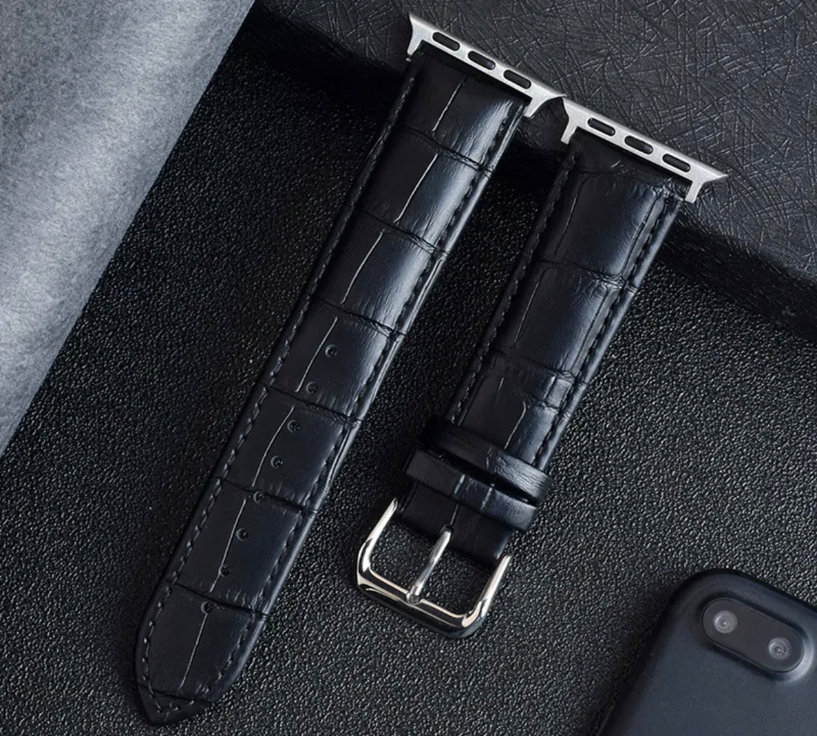 APPLE WATCH ARMBAND/ KLASSISK LÄDERARMBAND MED KROKODILMÖNSTER-SVART