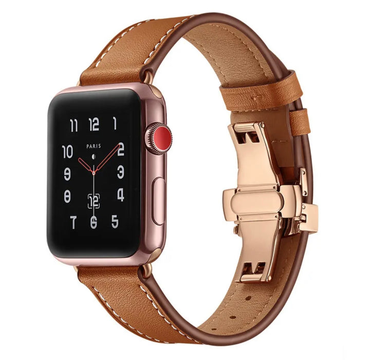 Genuine Leather Bracelet with Butterfly Clasp for Apple Watch - Brown