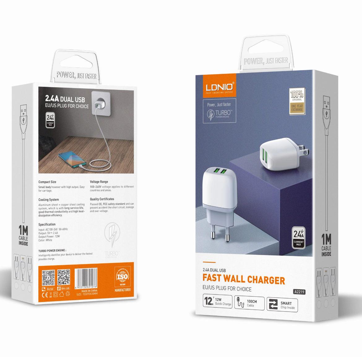 LDNIO Snabbladdare 2xUSB, 12 W - Vit+ 1 m kabel ingår - EleganceOfSweden