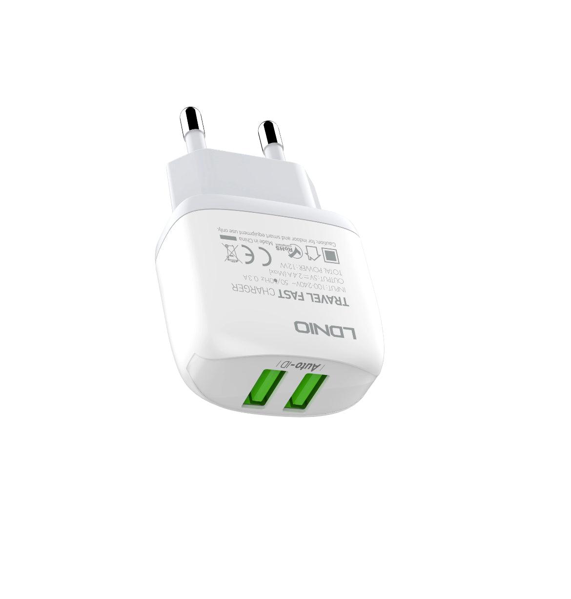 LDNIO Snabbladdare 2xUSB, 12 W - Vit+ 1 m kabel ingår - EleganceOfSweden