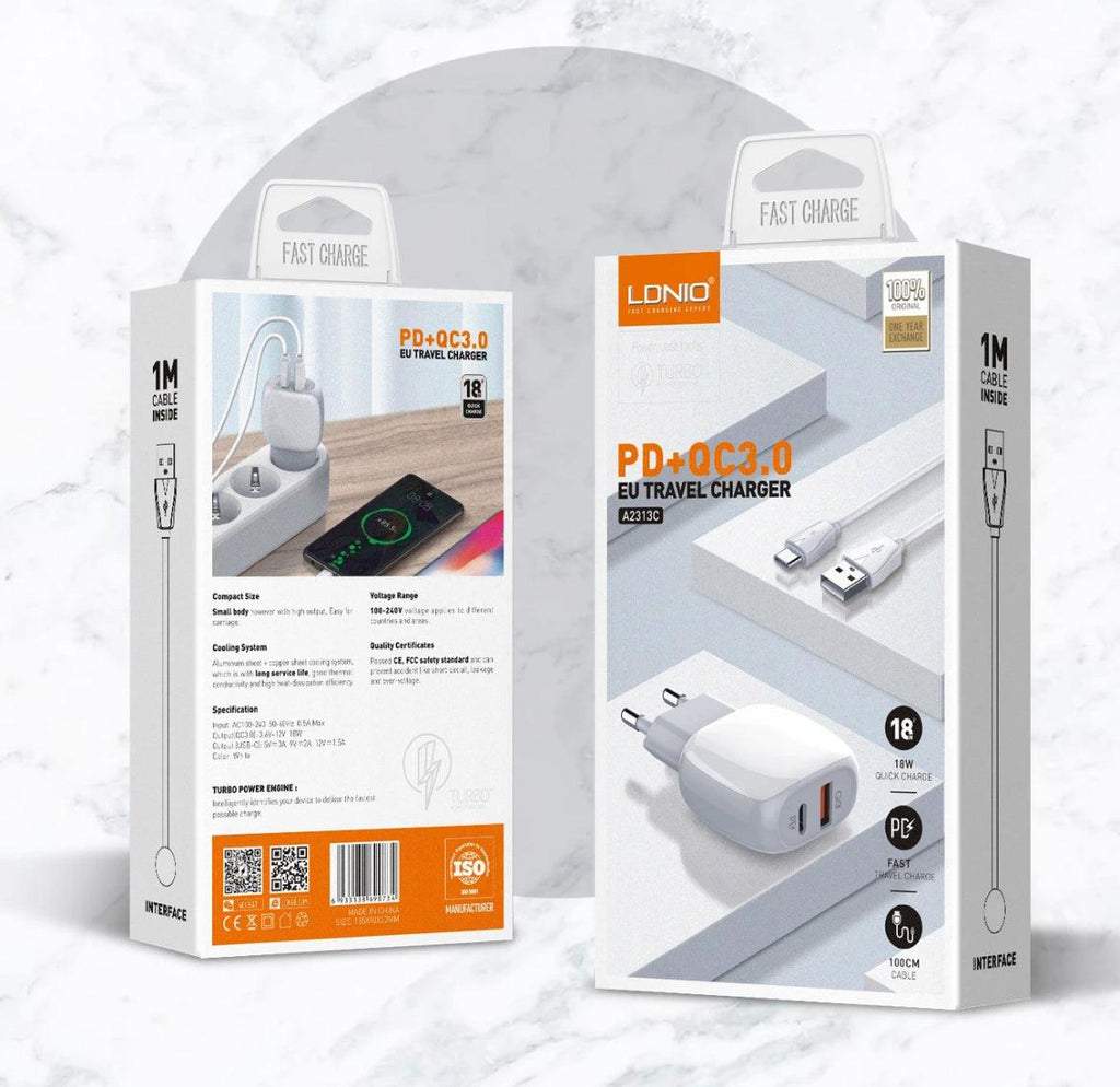 LDNIO Snabbladdare 2xUSB & USB-C, PD & Q.C3.0, 20 W - Vit, 1 m kabel ingår - EleganceOfSweden