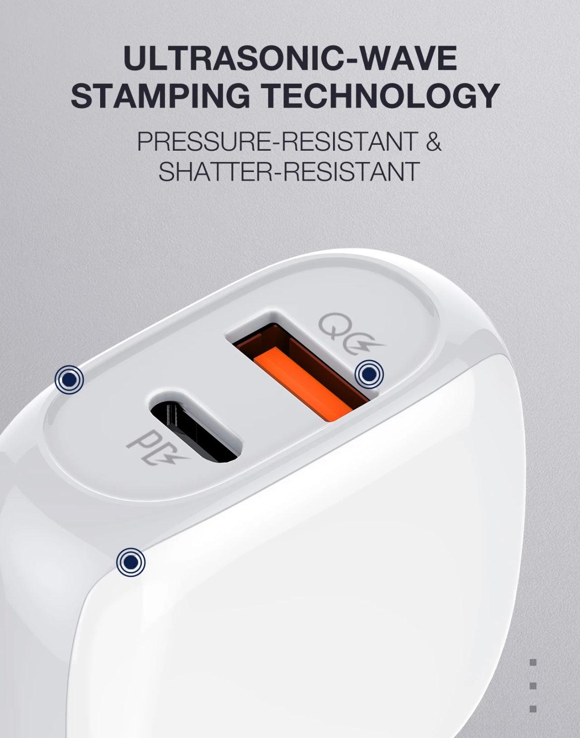 LDNIO Snabbladdare 2xUSB & USB-C, PD & Q.C3.0, 20 W - Vit, 1 m kabel ingår - EleganceOfSweden