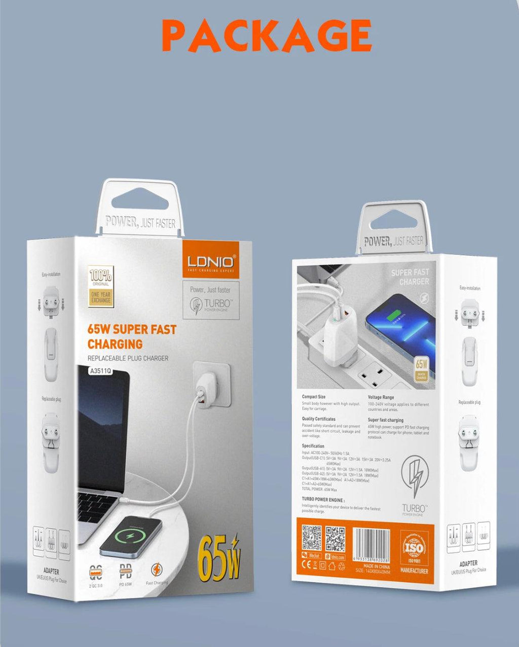 LDNIO Snabbladdare 2xUSB & USB-C, PD & Q.C3.0, 65 W - Vit+ 1 m - EleganceOfSweden