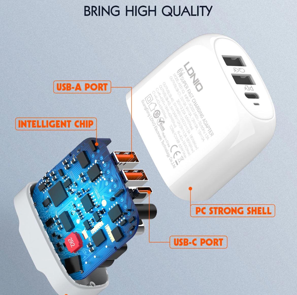 LDNIO Snabbladdare 2xUSB & USB-C, PD & Q.C3.0, 65 W - Vit+ 1 m - EleganceOfSweden
