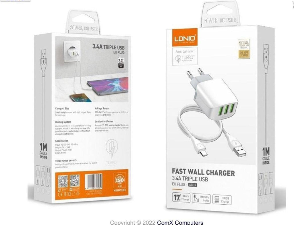 LDNIO Snabbladdare 3xUSB , 3. 4 A, 17 W + 1 m kabel ingår - EleganceOfSweden