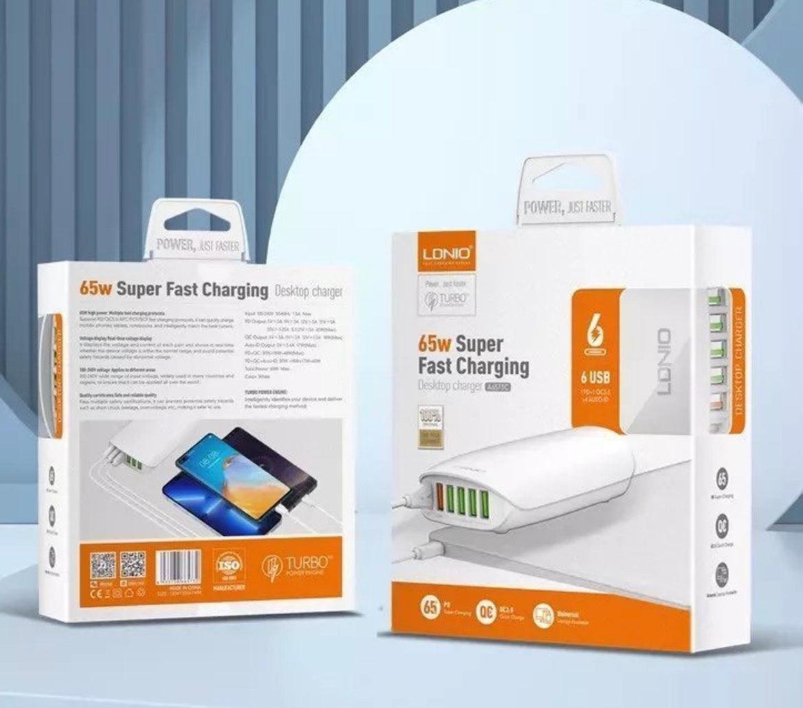 LDNIO Snabbladdare 6 portar: 5 USB & Type-C, 65 W - Vit - EleganceOfSweden