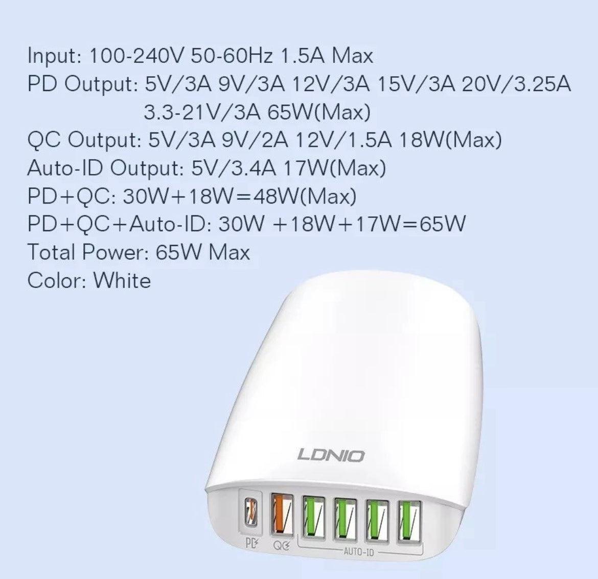 LDNIO Snabbladdare 6 portar: 5 USB & Type-C, 65 W - Vit - EleganceOfSweden